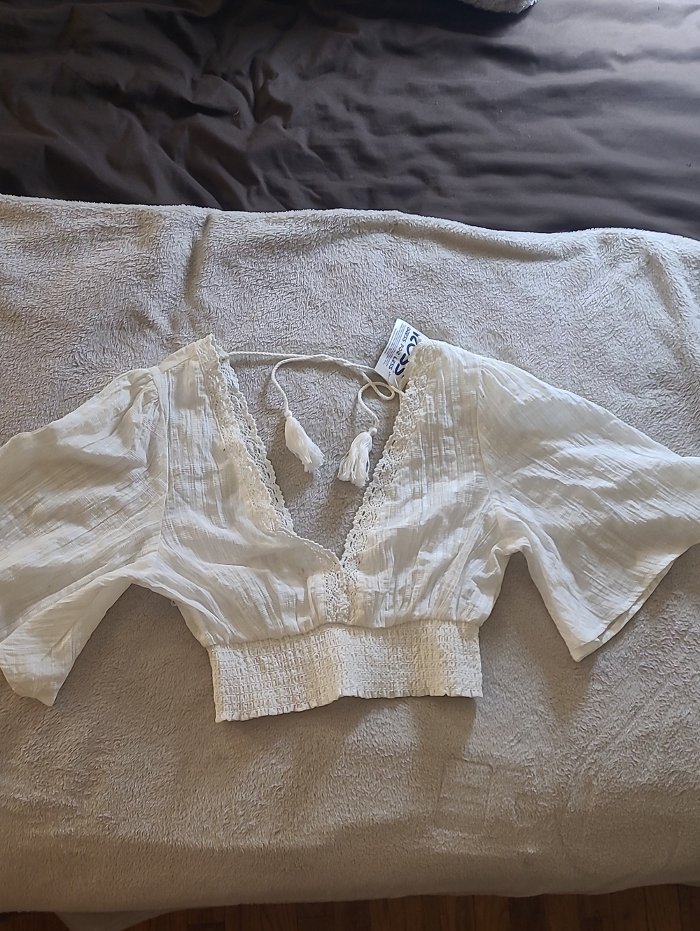 Boho Beautiful! Timing White Lace-Trim Smocked V-Neck Crop Top